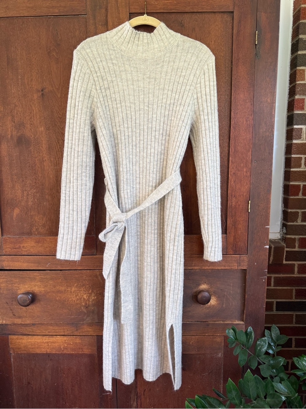 William Rast Cream Ribbed Sweater Long-Sleeve Midi Dress with Tie Belt